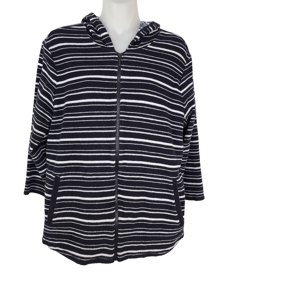 Weekends by Chico's Womens Hoodie Jacket Size 1 Medium Full Zip Terry Striped